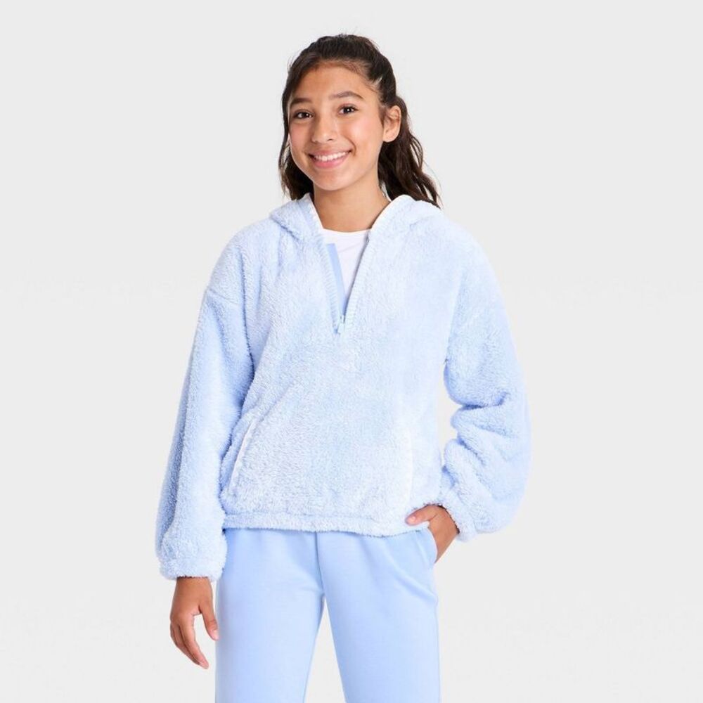 Girls' Active Comfort Fleece Relaxed Henley 1/2 Snap Sweatshirt - Blue M
